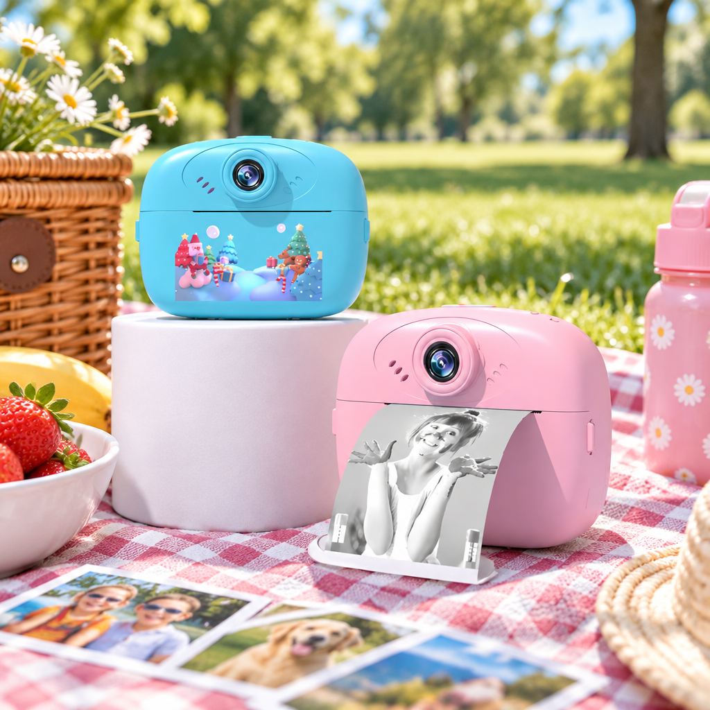 Instant kids camera on a picnic blanket in a sunny park