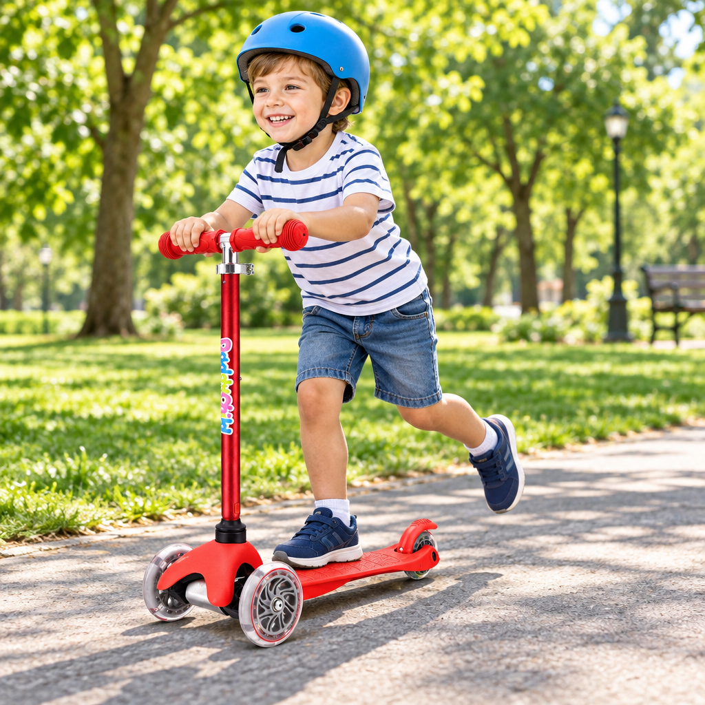 Red 3-wheel kids scooter on a sunny park path