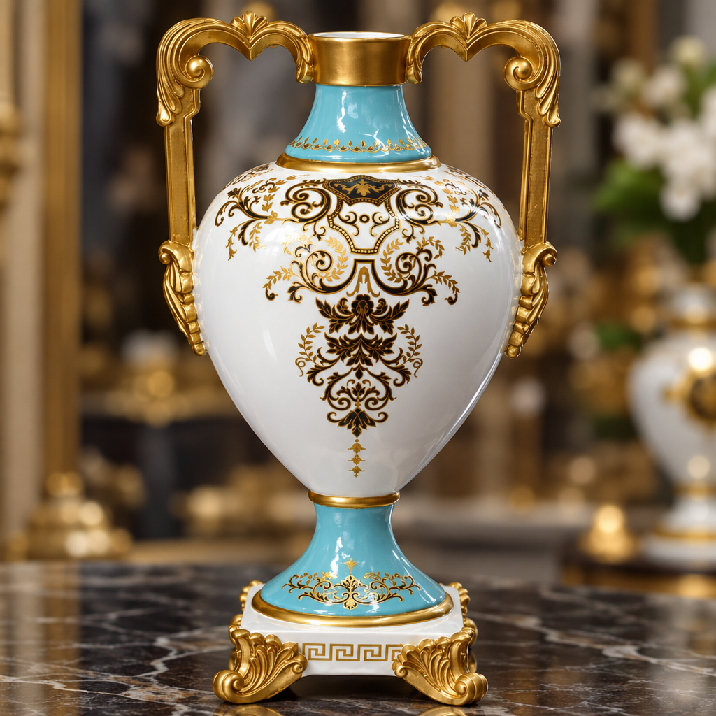 Close-up of Baroque trophy vase gold details and handles