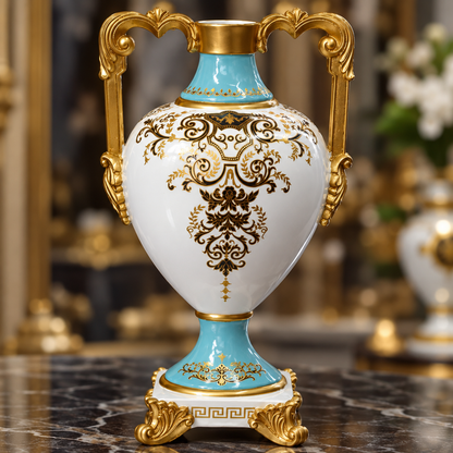 Close-up of Baroque trophy vase gold details and handles