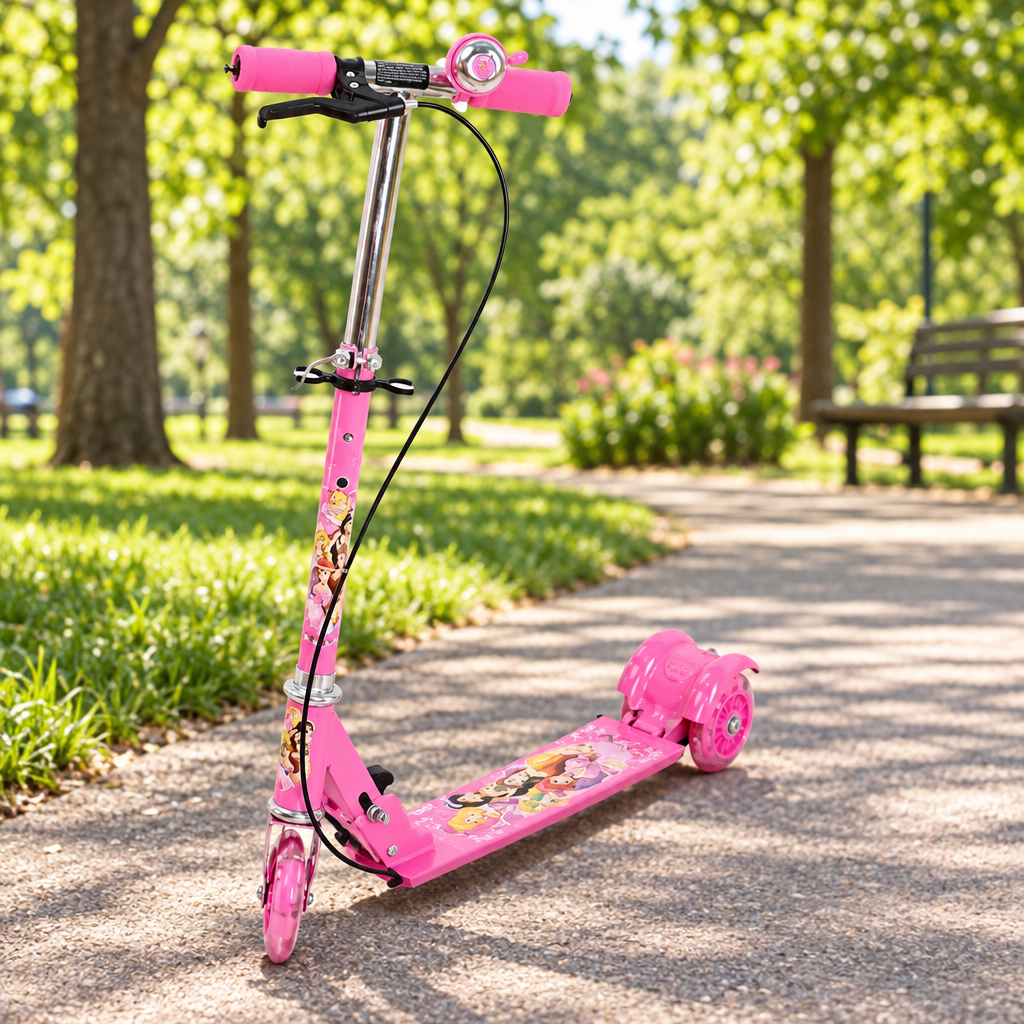 Pink kids kick scooter on a sunny park path