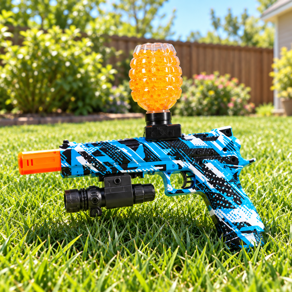 GEL X Storm toy gel blaster on green grass in a backyard