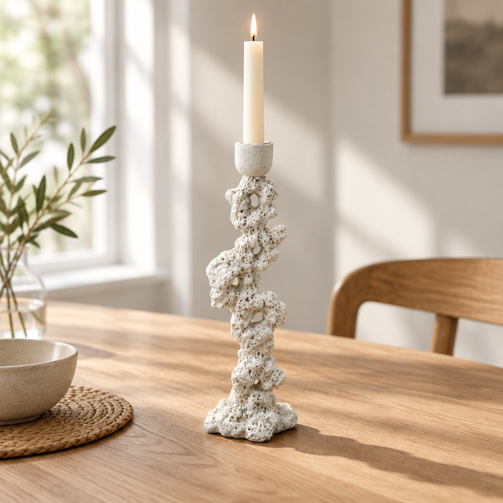 Sculptural taper candle holder on a minimalist dining table