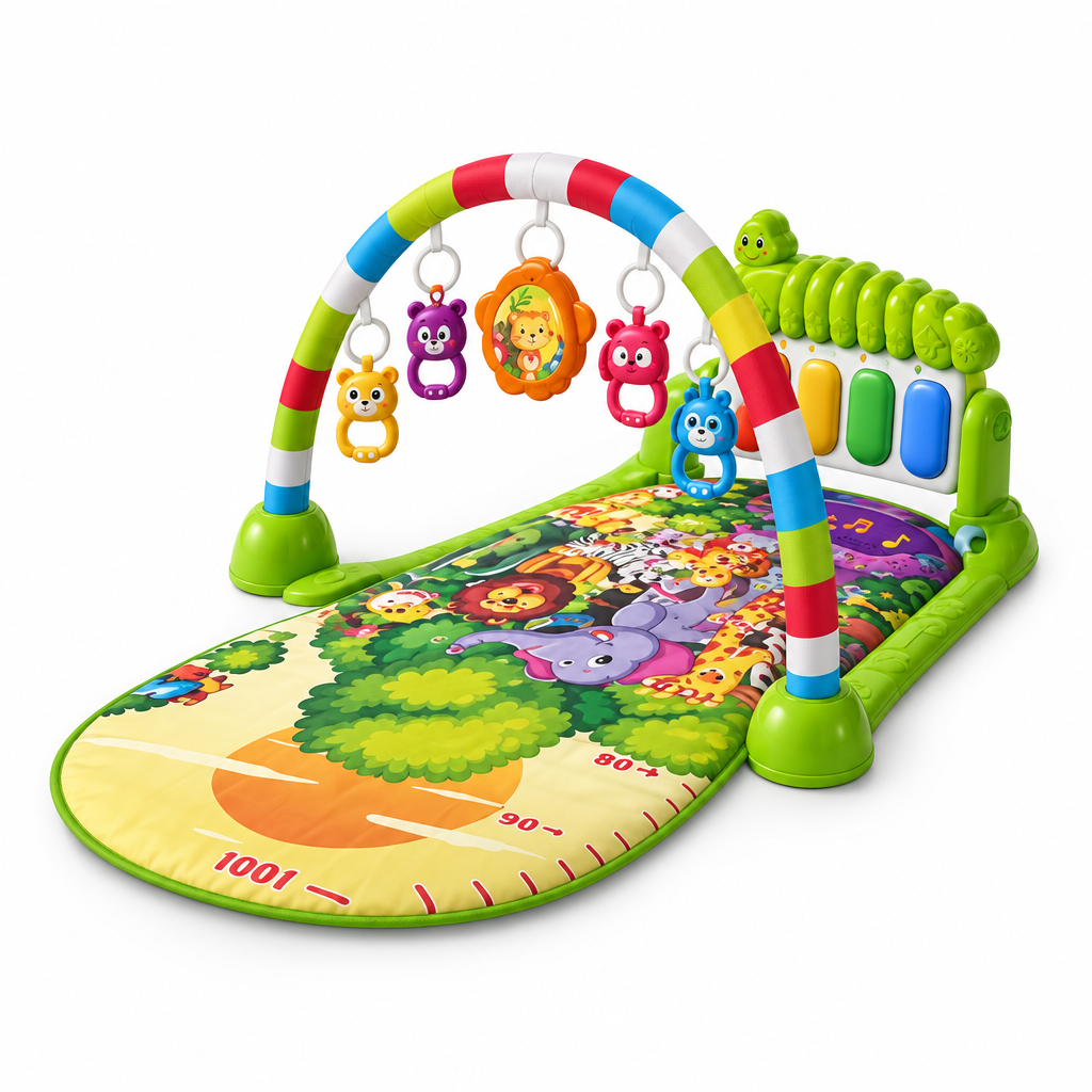 Baby fitness piano play gym, angled view on white background