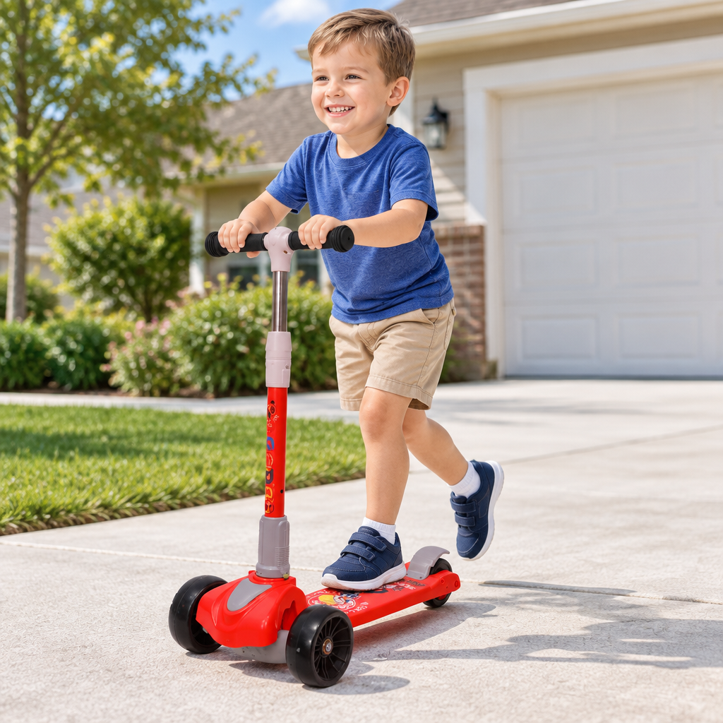 Red kids 3-wheel kick scooter on a driveway in daylight