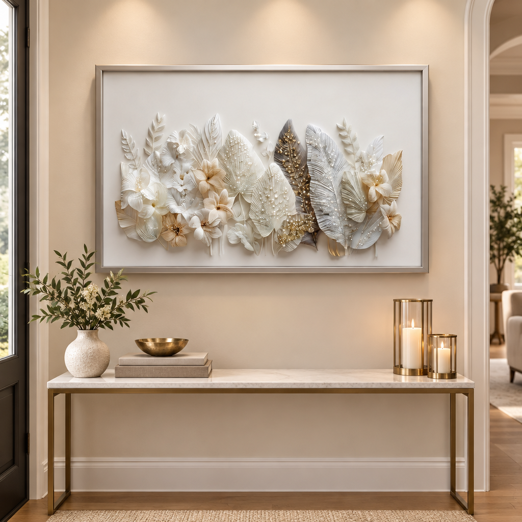 Opulent Bloom framed wall art in entryway