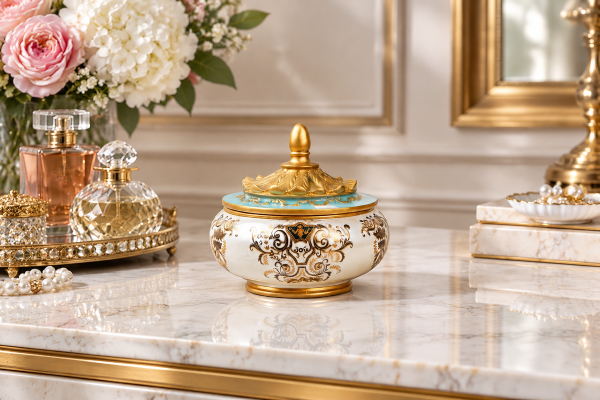 Trinket box on marble dresser