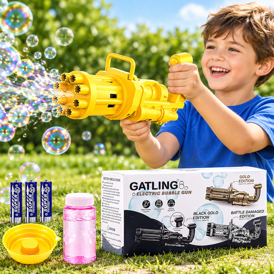 Gatling electric bubble gun toy in use