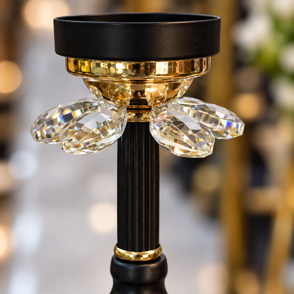 Close-up of crystal prisms and gold trim