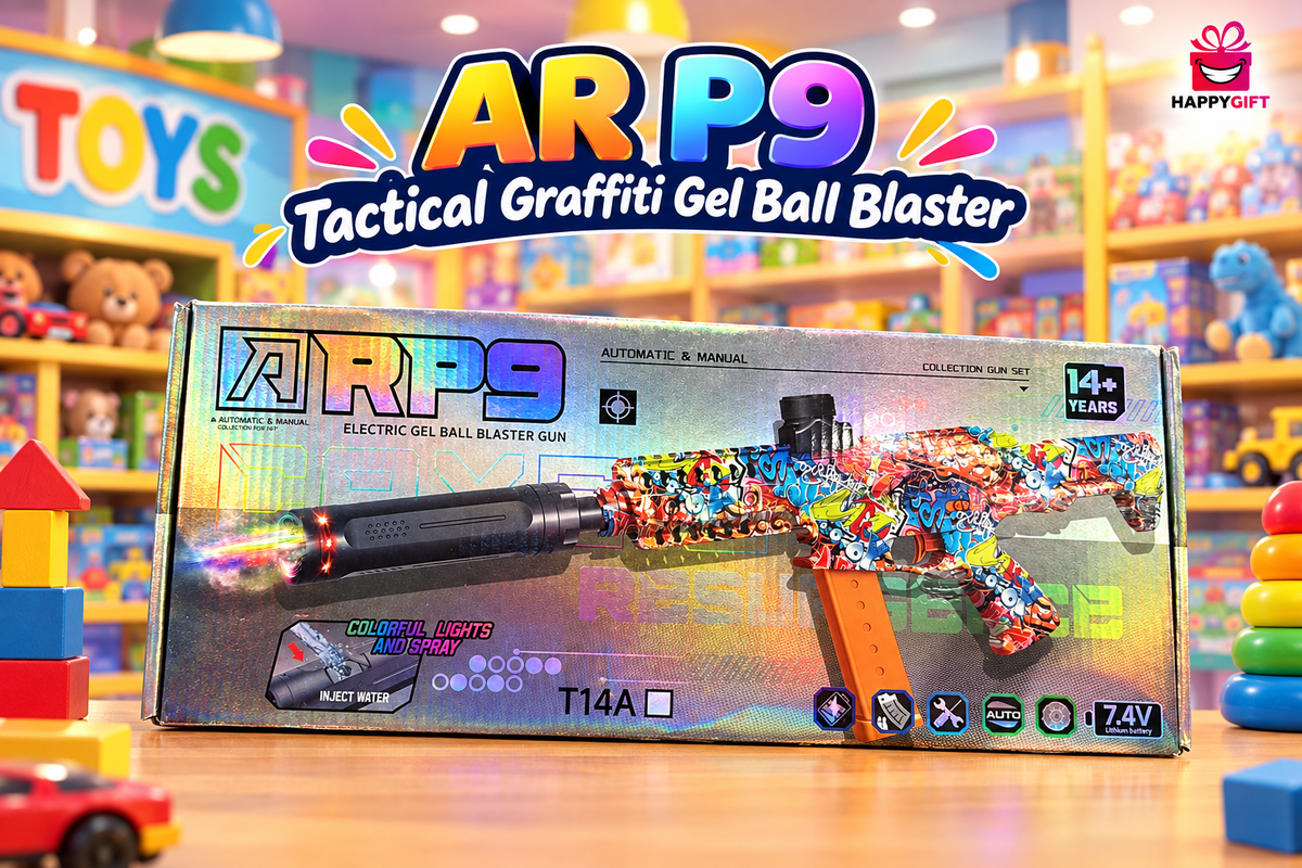AR P9 Tactical Graffiti Gel Ball Blaster with toy-store background, logo, and title