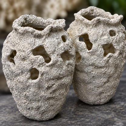 Close-up of textured coral stone mini vase cutouts