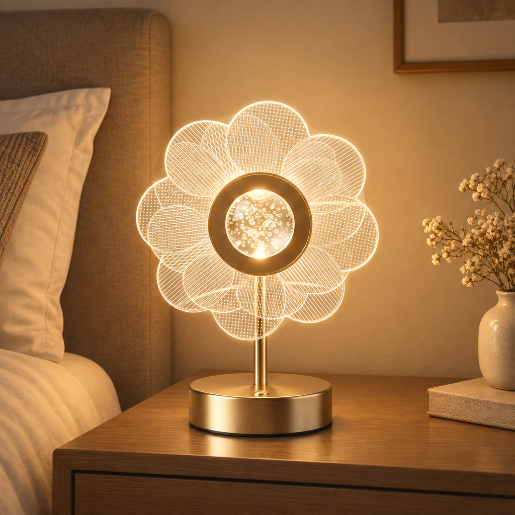 Gilded Bloom flower lamp in bedroom
