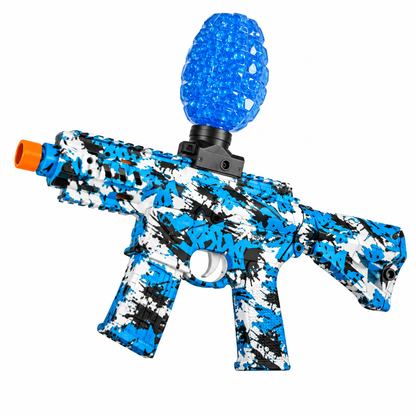 Detail view of blue camouflage gel blaster toy with top hopper