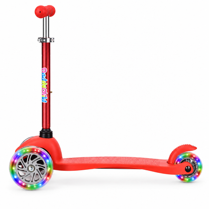 Red 3-wheel kids scooter with LED wheels, side view