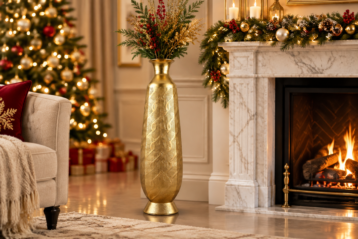 Gold floor vase next to marble fireplace