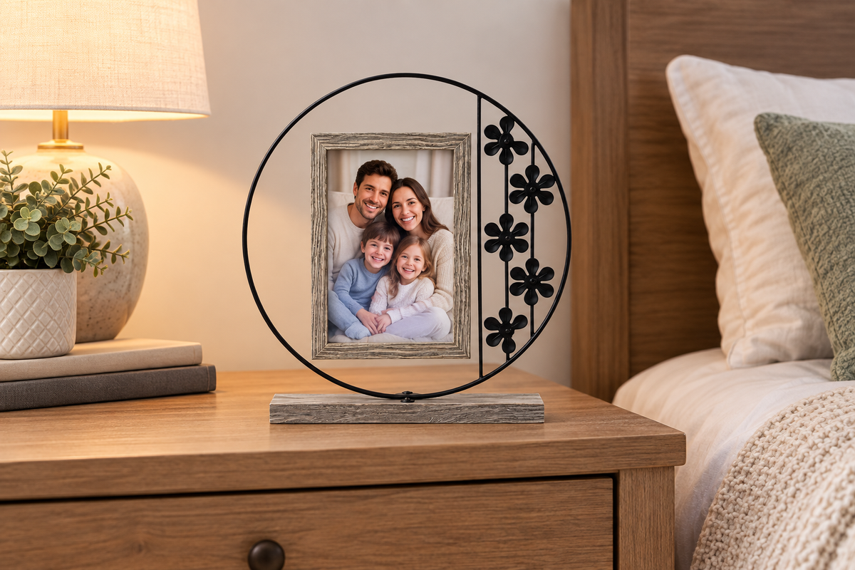 Picture frame with family photo on bedside table