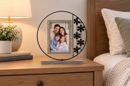 Picture frame with family photo on bedside table