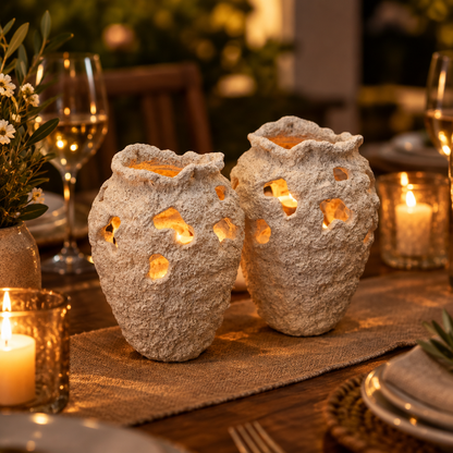 Textured coral stone mini vases in a warm evening setting