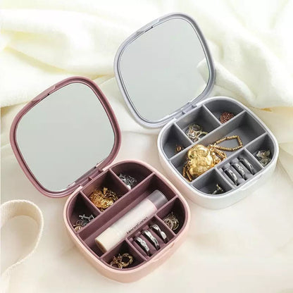 Mini Travel Jewelry Box Organizer with Mirror - Small Portable Storage Case for Rings, Earrings, and Necklaces
