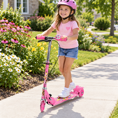 Pink kids kick scooter on a sidewalk with flowers