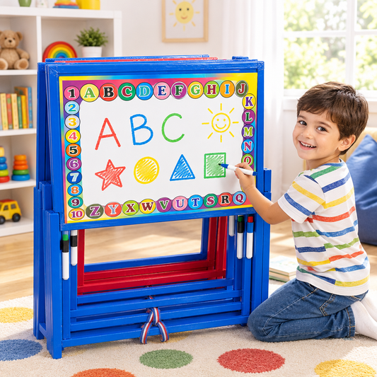 Kids whiteboard with colorful letters and shapes drawn on it