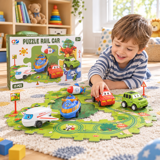 Puzzle rail car set on a rug in a kids playroom