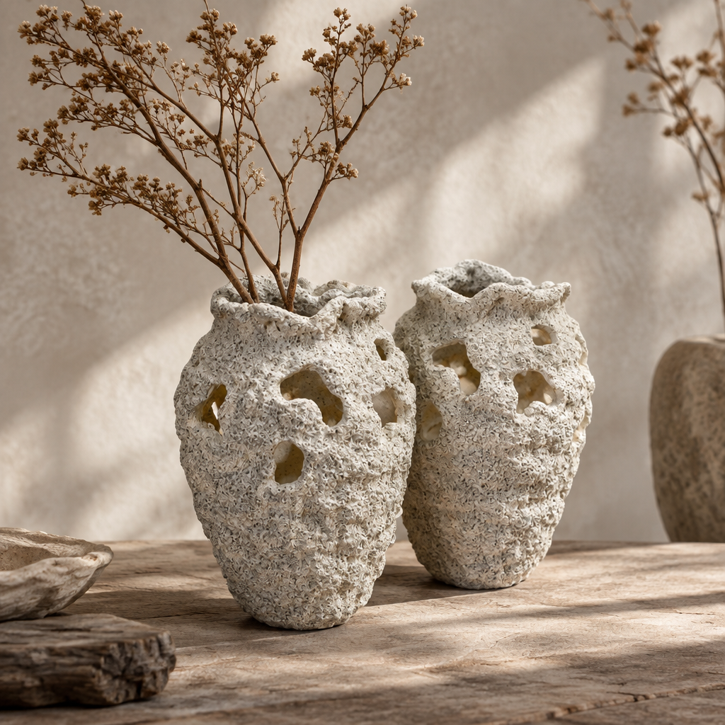 Textured coral stone mini vases in a minimalist tabletop setting