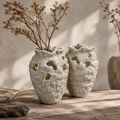 Textured coral stone mini vases in a minimalist tabletop setting