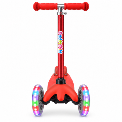 Red 3-wheel kids scooter with LED wheels, front view