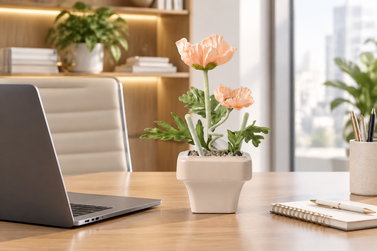 Poppy arrangement on office desk