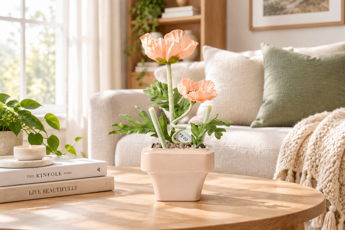 Poppy arrangement on living room coffee table