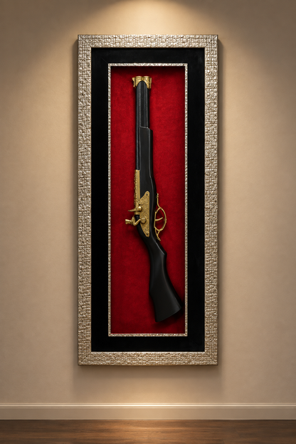 Vintage rifle framed wall art on gallery wall