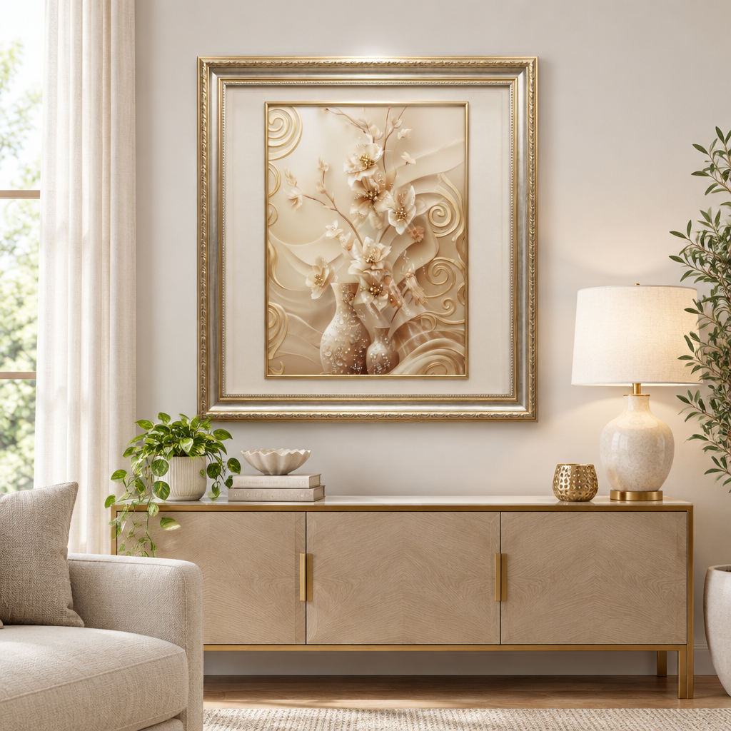 Opulent Bloom framed floral art in living room