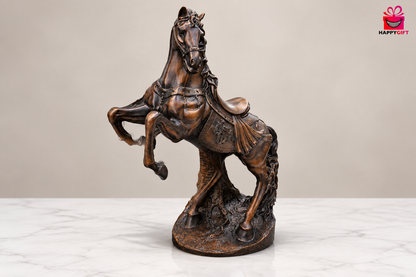 Antique bronze rearing stallion statue on white marble with small logo