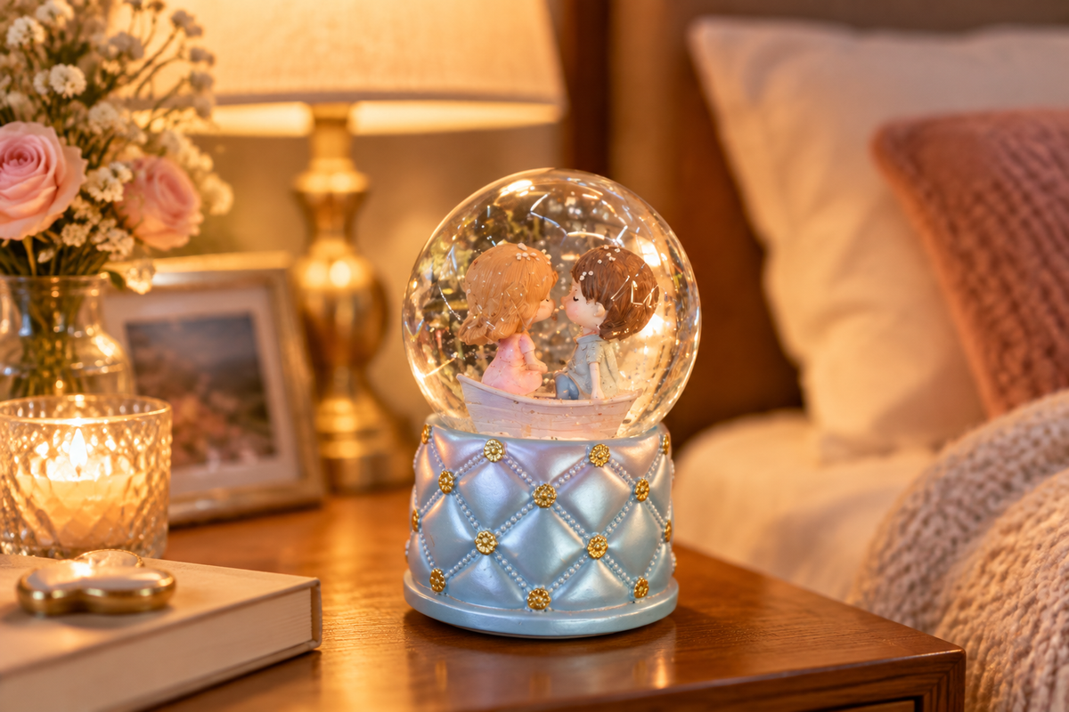 Snow globe on a bedside table with lamp light