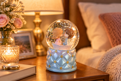 Snow globe on a bedside table with lamp light