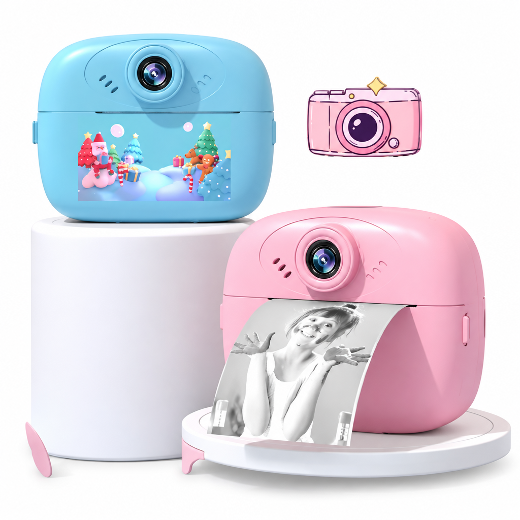 Instant kids camera with photo printer, angled view on white background