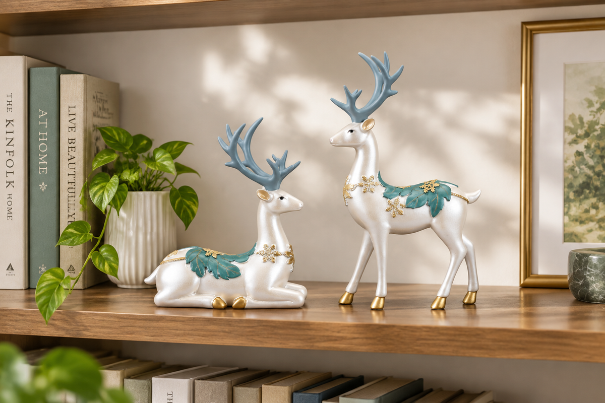 Deer figurines on bookshelf