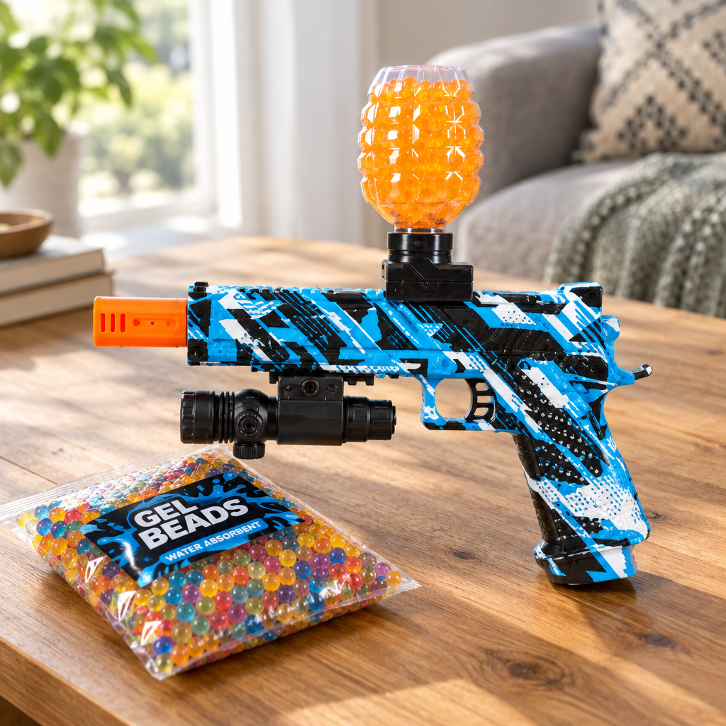 GEL X Storm toy gel blaster next to colorful gel beads