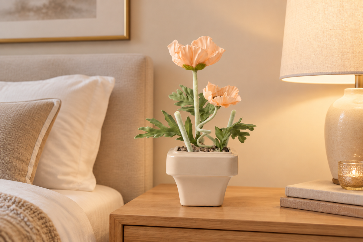 Poppy arrangement on bedside table