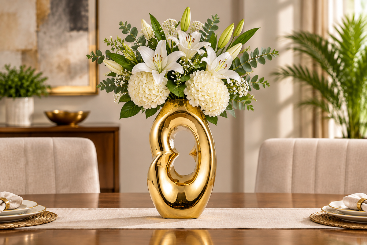 Gold vase dining table centerpiece with flowers