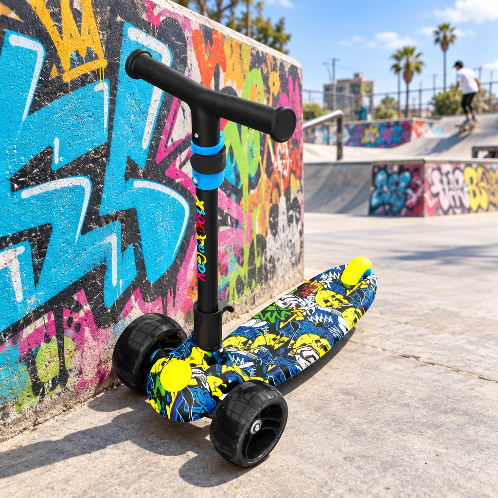 Blue graffiti kids 3-wheel scooter next to a graffiti wall in a skate park