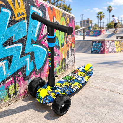 Blue graffiti kids 3-wheel scooter next to a graffiti wall in a skate park