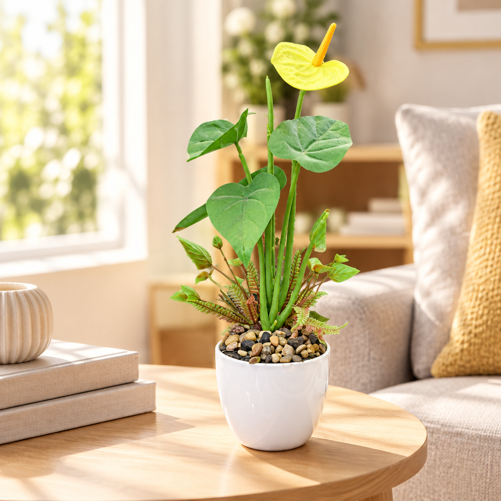Faux yellow anthurium on living room side table