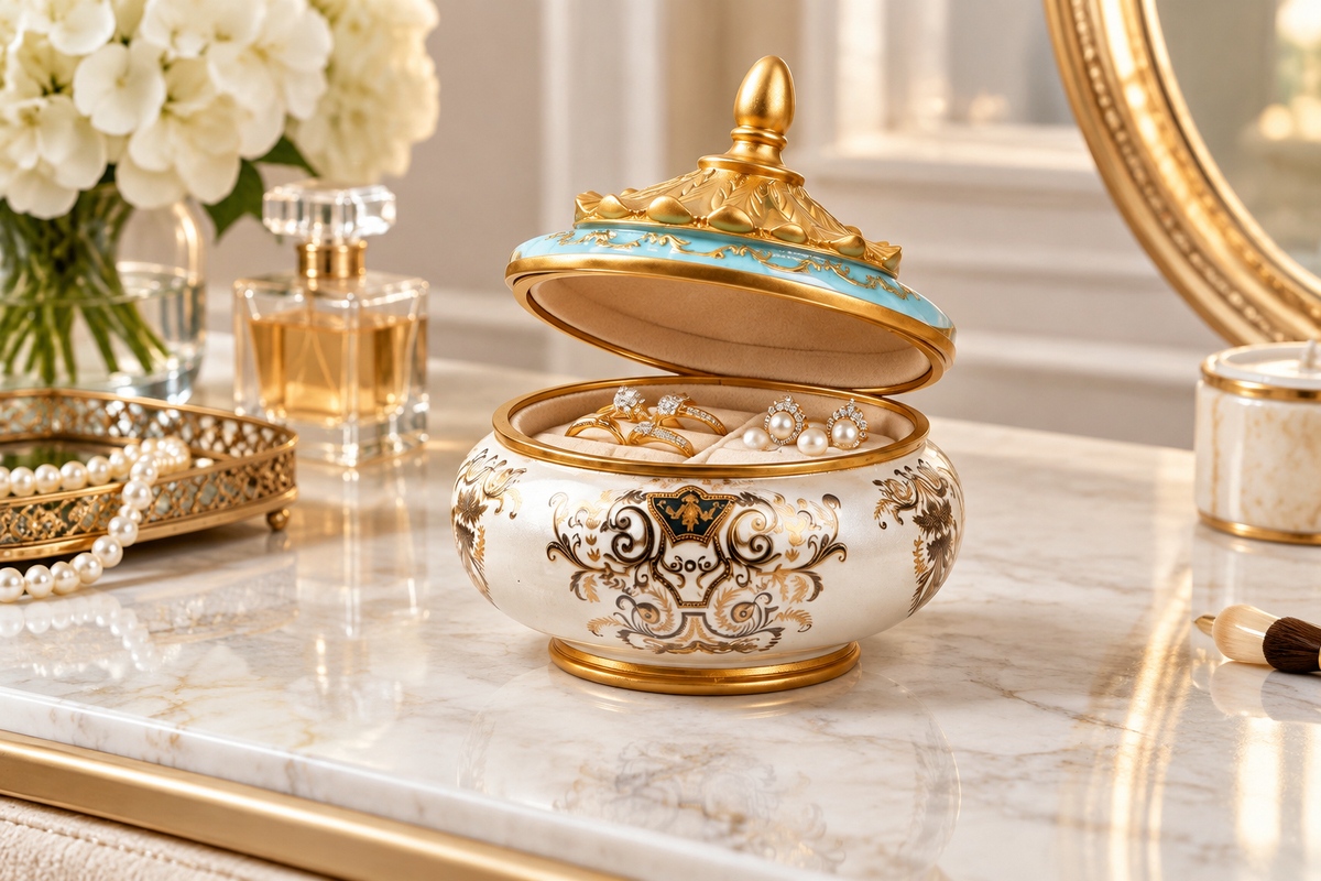 Trinket box open with jewelry inside