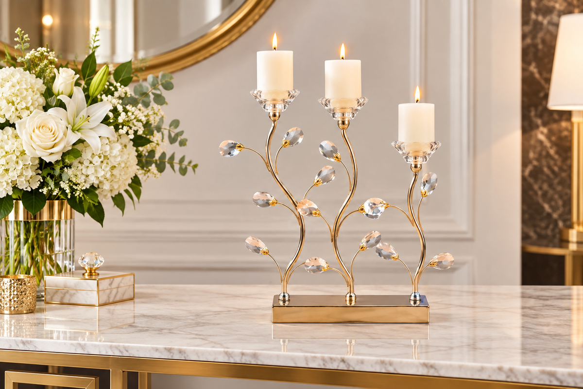 Candle holder on marble console with flowers
