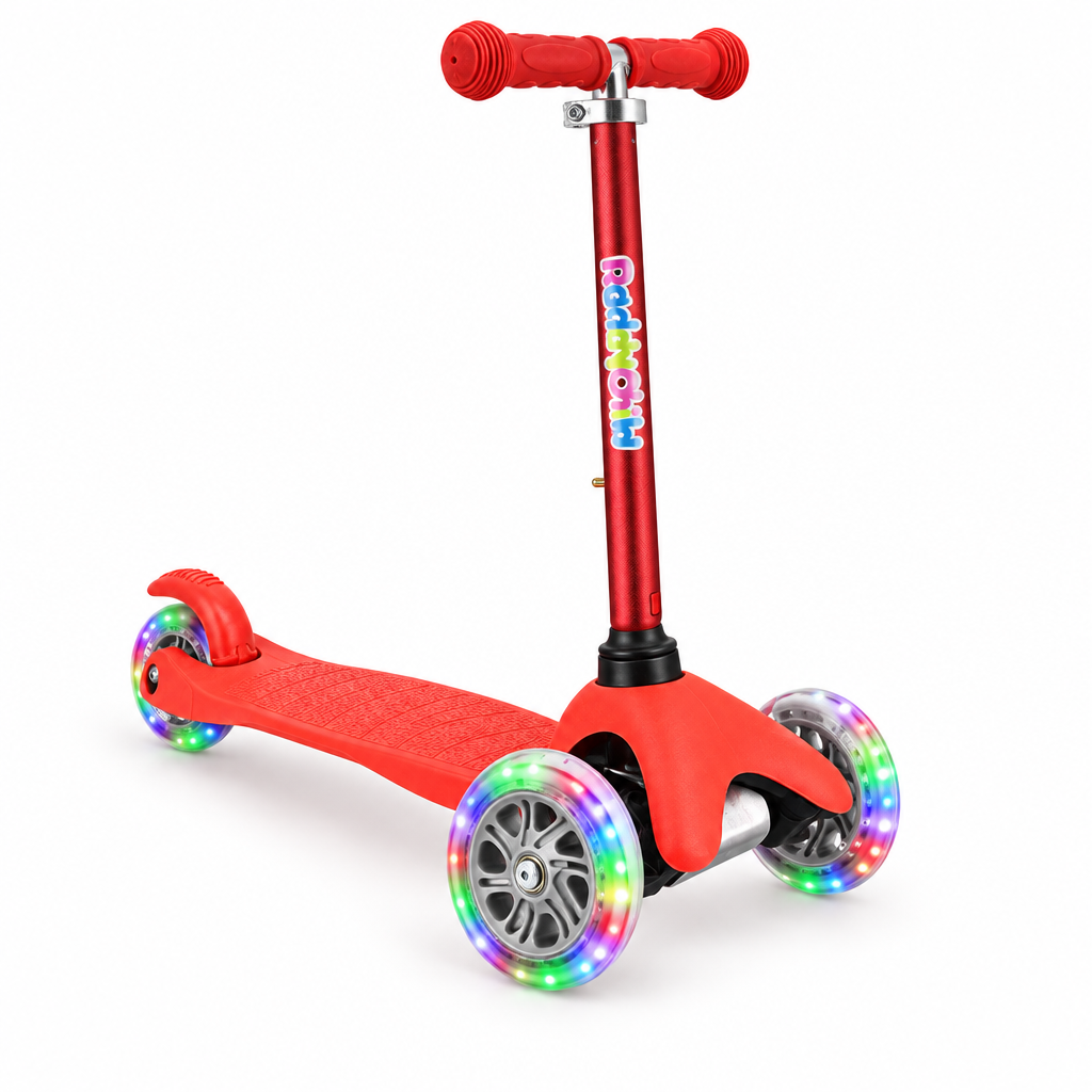 Red 3-wheel kids scooter with LED wheels, angled view on white background