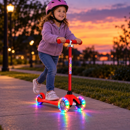 Red 3-wheel kids scooter with glowing LED wheels at dusk