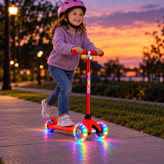 Red 3-wheel kids scooter with glowing LED wheels at dusk