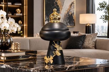 Black urn jar on marble console